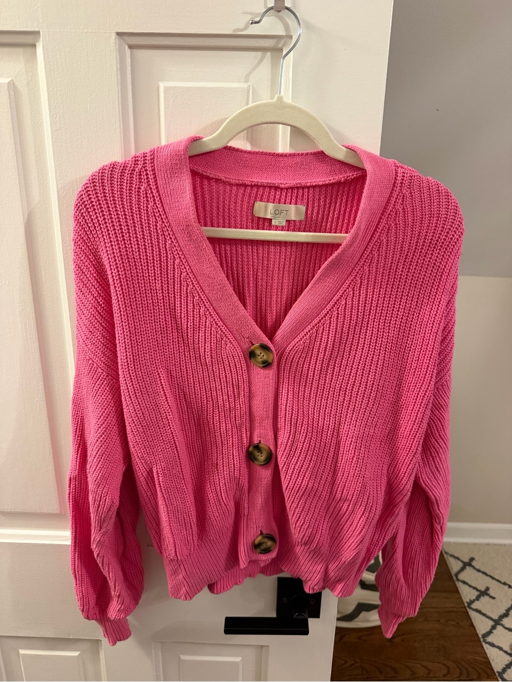 LOFT Bright Pink Chunky Ribbed Button Cardigan